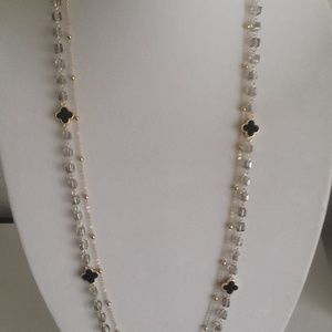 Gold double chain Nacklace,Black enamel clover